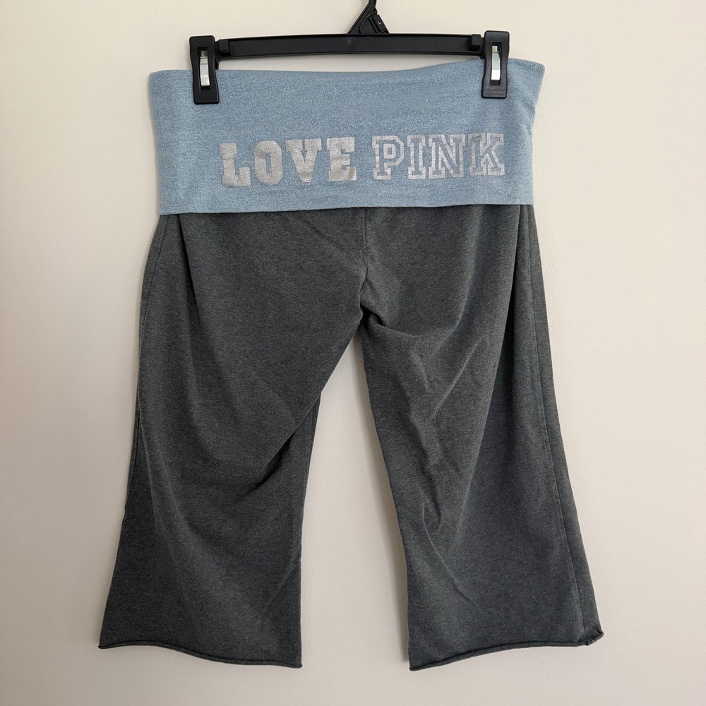 VS PINK 2009 Y2K Foldover Capri Yoga Pants Size M Blue Silver Gray